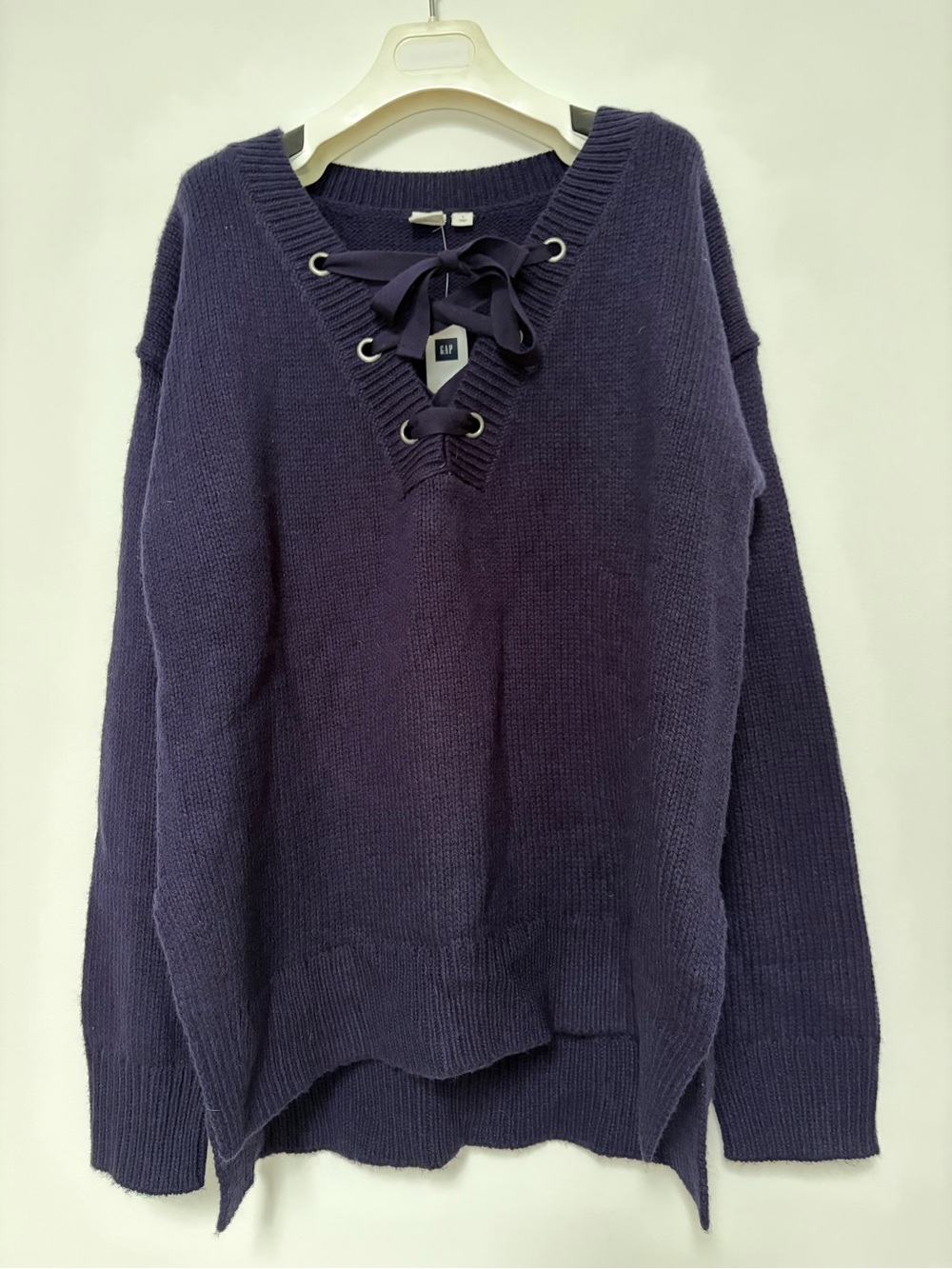 Gap Wool Linen Blend Lace Tie Sweater Large NWT Navy
